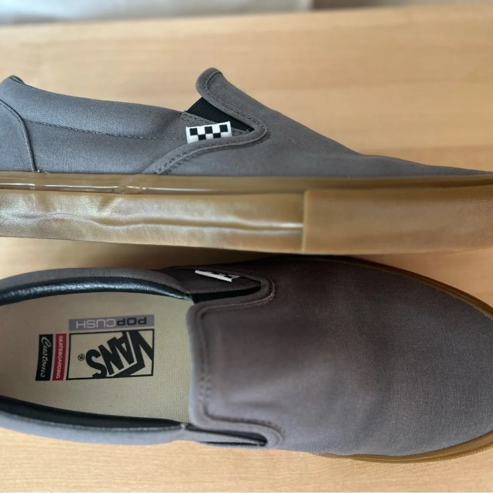 Vans Skateboard Slip-On in Gray Canvas with Gum Sole and Pop Cush